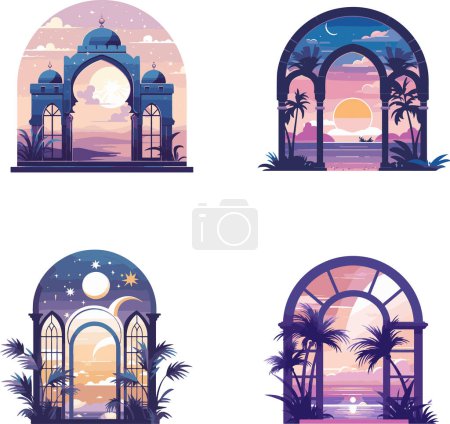 Mezquitas con siluetas en medio de puestas de sol vibrantes y noches estrelladas