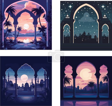 Heiteres und mystisches Ambiente, wunderschön illustrierte Moscheen vor verschiedenen Himmelskulissen