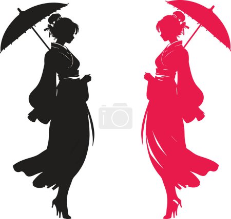 Elegant Contrast, Silhouettes of Women Holding Umbrellas in Traditional Attire Highlighting Grace and Style