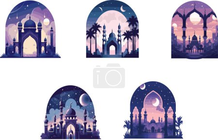 Serene and Mystical Ambiance, Beautifully Illustrated Mosques Set Against Various Backdrops of the Sky