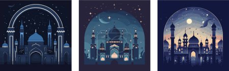 Illustration for Serene and Mystical Ambiance, Beautifully Illustrated Mosques Set Against Various Backdrops of the Sky - Royalty Free Image