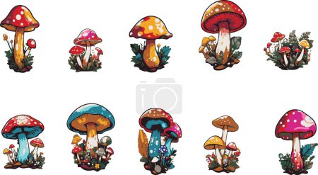 Woodland enchanteur, champignons colorés illustrés fantastiquement entourés de petites plantes et fleurs