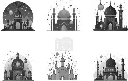 Stille Nacht, künstlerische Darstellungen von Moscheen unter Sternenhimmel, die eine heitere und spirituelle Atmosphäre heraufbeschwören