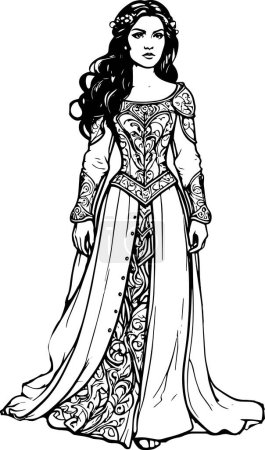 Dieses Bild zeigt eine detaillierte Linienzeichnung einer mittelalterlichen Prinzessin in einem aufwändigen Kleid mit komplizierten Mustern. Das Design erinnert an historische Kleidung und Fantasiekunst und macht es durch seine Mischung aus Authentizität und Fantasie interessant.