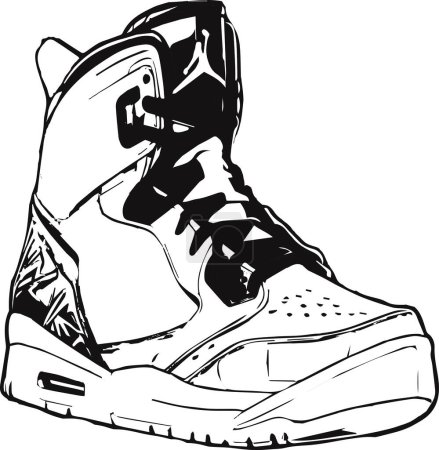 Cette image montre une illustration détaillée en noir et blanc d'une chaussure de basket haut de gamme, ce qui est intéressant en raison de son design complexe qui capture la tendance de la mode urbaine et la popularité des streetwear..
