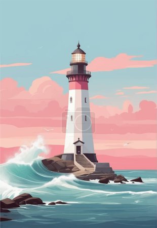 Illustration for This image captures a picturesque lighthouse standing tall against a backdrop of soft dawn colors, with waves crashing against the rocky shore, symbolizing guidance and safety. - Royalty Free Image
