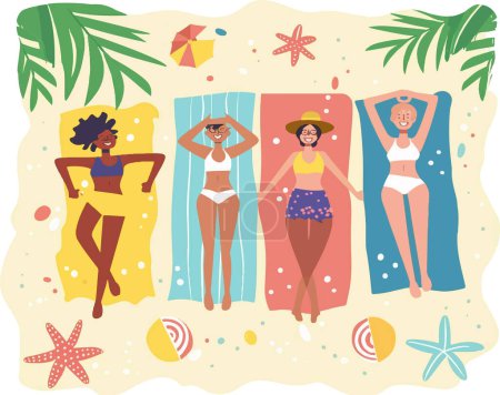 An illustration of three women relaxing on a sunny beach, surrounded by tropical flowers and leaves. The vibrant colors and carefree vibes make it a perfect representation of a day at the beach.