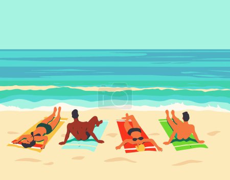 An illustration showing men relaxing on a beach, gazing at the ocean while lying on colorful towels. The calm ocean view and serene environment create a peaceful beach scene.