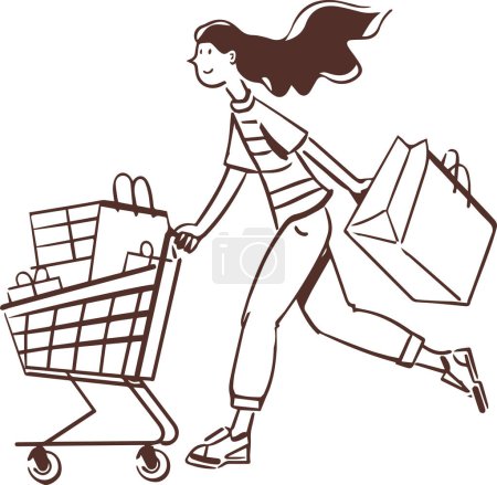 Illustration énergique d'une femme qui court joyeusement avec un panier et des sacs remplis d'achats, capturant l'excitation et la joie d'une virée shopping réussie.
