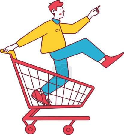 A playful illustration of a man riding in a shopping cart, pointing ahead with a sense of adventure. The vibrant colors and whimsical style add a fun and lively touch to the shopping experience.
