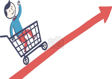 A playful illustration of a man riding in a shopping cart, pointing ahead with a sense of adventure. The vibrant colors and whimsical style add a fun and lively touch to the shopping experience.