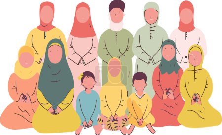 Illustration eines großen Familienporträts mit Mitgliedern, die lächeln und traditionelle Kleidung in warmen Farben tragen. Das harmonische Arrangement und die fröhlichen Ausdrucksformen erfassen die Essenz der Einheit und Liebe der Familie.