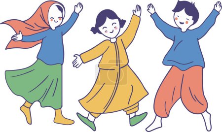 Eine fröhliche Illustration von gemeinsam tanzenden Kindern in traditioneller Kleidung. Die fröhlichen Ausdrücke und lebendigen Bewegungen fangen die Freude und den Geist des kulturellen Feierns ein.