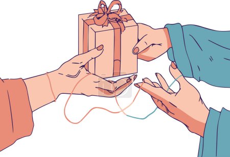 Eine anrührende Illustration eines Geschenktauschs zwischen Freunden, der Liebe und Freundschaft symbolisiert. Die zarten Hände und warmen Farben vermitteln das Gefühl, sorgfältig zu geben und zu empfangen.