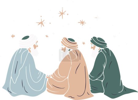 An illustration of wise men under a starry sky, sharing stories and wisdom in a serene night setting. The scene captures the essence of wisdom and peaceful companionship.