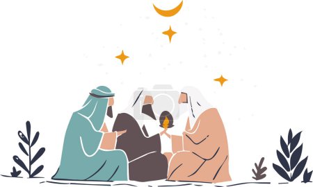 Illustration for An illustration of wise men under a starry sky, sharing stories and wisdom in a serene night setting. The scene captures the essence of wisdom and peaceful companionship. - Royalty Free Image
