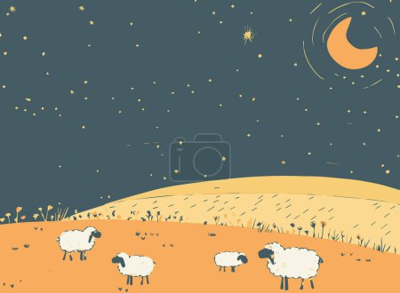 An illustration of sheep grazing under a starry night sky with a crescent moon in a serene countryside setting. The tranquil atmosphere and gentle colors evoke a sense of peace and calm.