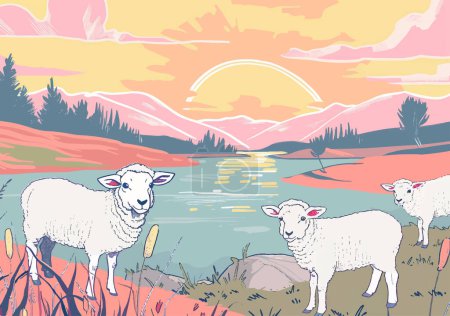 Illustration d'un coucher de soleil paisible au bord de la rivière avec trois adorables agneaux broutant sur le rivage. Le paysage serein et les couleurs douces créent une scène calme et pittoresque.