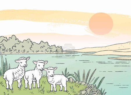 Una ilustración de una tranquila puesta de sol junto al río con tres adorables corderos pastando en la orilla. El paisaje sereno y los colores suaves crean una escena relajante y pintoresca.