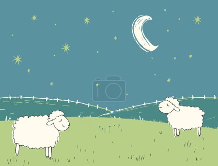 An illustration of sheep grazing under a starry night sky with a crescent moon in a serene countryside setting. The tranquil atmosphere and gentle colors evoke a sense of peace and calm.