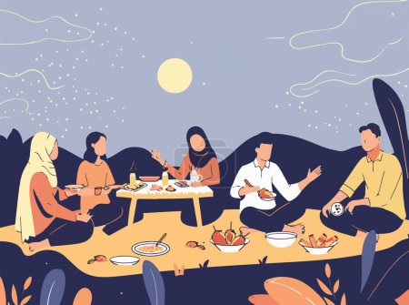 An illustration of a family dinner gathering with shared food and warm conversations around the table. The scene captures the joy of communal dining and the bonds of family.