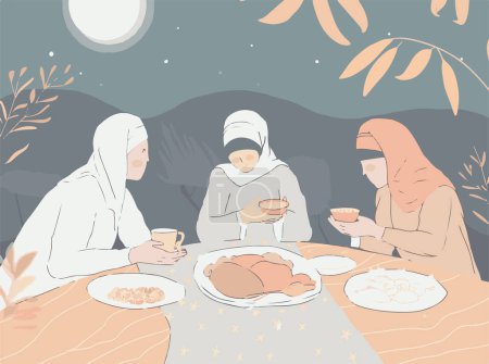 An illustration of a family dinner gathering with shared food and warm conversations around the table. The scene captures the joy of communal dining and the bonds of family.