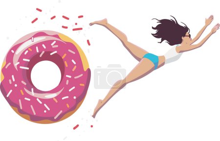 An illustration of a woman in a blue swimsuit, diving with outstretched arms towards a giant pink donut covered in colorful sprinkles, capturing the irresistible allure of sweets.
