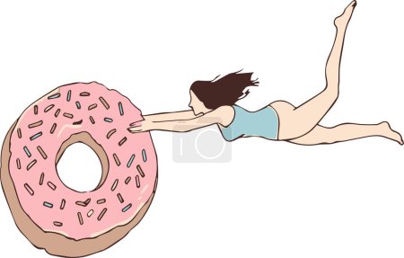 Eine Illustration einer Frau im blauen Badeanzug, die mit ausgestreckten Armen auf einen riesigen rosafarbenen Donut zuspringt, der mit bunten Streuseln bedeckt ist und den unwiderstehlichen Reiz von Süßigkeiten einfängt..
