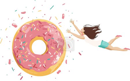 Eine Illustration einer Frau im blauen Badeanzug, die mit ausgestreckten Armen auf einen riesigen rosafarbenen Donut zuspringt, der mit bunten Streuseln bedeckt ist und den unwiderstehlichen Reiz von Süßigkeiten einfängt..