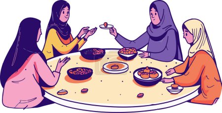 Una ilustración de una cena familiar con comida compartida y cálidas conversaciones alrededor de la mesa. La escena captura la alegría de la cena común y los lazos de la familia.
