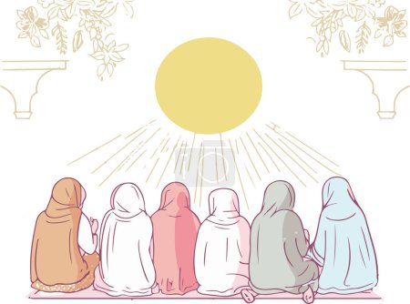 An illustration depicting a group of women sitting together in prayer, facing the sun, and radiating a sense of serenity and spirituality.