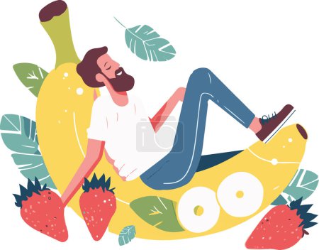 An illustration of a man lounging comfortably on a giant banana, capturing a whimsical and carefree scene filled with fun and relaxation.