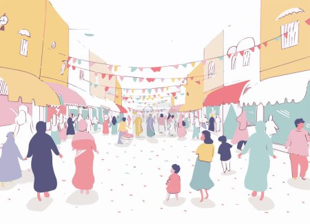Une illustration représentant un marché de rue animé rempli de gens, des bannières vibrantes et des décorations festives, capturant la joie et l'énergie d'un rassemblement communautaire.