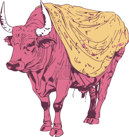 Téléchargez les illustrations : Une illustration frappante d'un taureau majestueux orné d'une couverture jaune drapée sur le dos, capturant la force et l'élégance de l'animal dans un dessin détaillé. - en licence libre de droit
