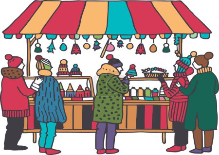 Une représentation animée d'un bazar d'hiver rempli de stands colorés et de clients heureux. L'atmosphère festive est renforcée par les couleurs vives et la variété des éléments exposés.