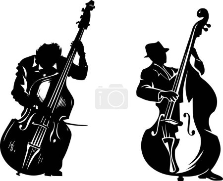 This striking black and white illustration features two double bass musicians captured in energetic and captivating poses, ideal for music lovers and art enthusiasts alike.