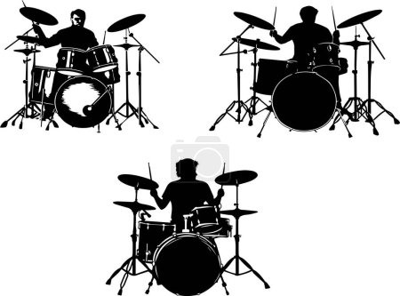 Téléchargez les illustrations : This illustration features the dynamic silhouettes of drummers playing their drum kits, capturing the energy and rhythm of live music performances. Ideal for music-themed designs, promotional materials for bands, or any project requiring a touch of m - en licence libre de droit