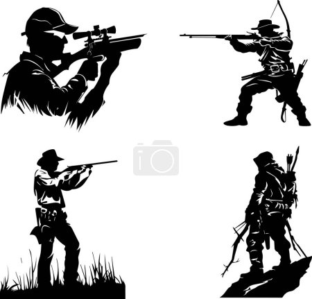 This collection of silhouettes depicts hunters in various action poses, showcasing their skills and readiness. Ideal for outdoor and hunting-themed designs, promotional materials, or projects celebrating the hunting tradition.