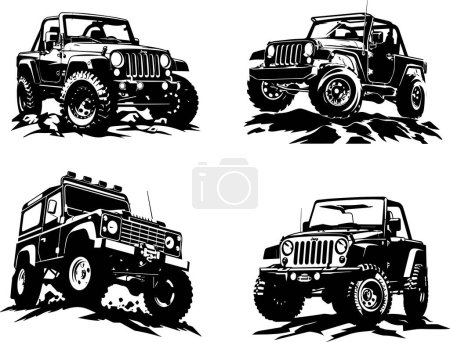 Ilustración de This striking black and white illustration showcases four rugged off-road vehicles conquering challenging terrains. Each vehicle is depicted with meticulous detail, highlighting their robust build and adventurous spirit, perfect for enthusiasts of ou - Imagen libre de derechos