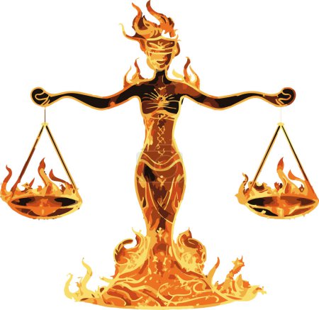 This striking illustration features Lady Justice balancing scales with flames, symbolizing fairness and justice with a fiery twist. The vibrant orange and yellow hues highlight the dynamic and powerful representation of justice.