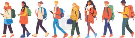 Ilustración de A group of college students in warm casual clothing, engaged in walking and reading. This image highlights the cozy fashion and student lifestyle during colder weather. - Imagen libre de derechos