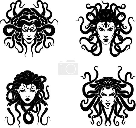 Artistic depictions of Medusa, featuring her iconic snake hair in different styles. This image represents the mythical creature in a visually striking manner.