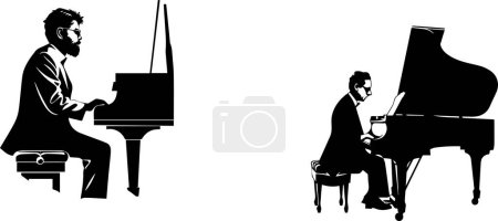 This dynamic illustration captures talented pianists playing grand pianos in silhouette. The elegant black and white design highlights the passion and artistry of these musicians.