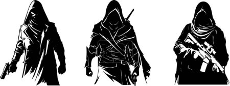 This striking image depicts three shadowy assassins in action, each ready for combat. The silhouette style enhances their stealthy, mysterious nature, making it ideal for themes of espionage, stealth, and action