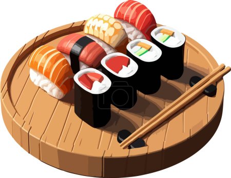 Dieses Bild zeigt eine Vielzahl von Sushi-Rollen, die wunderschön auf hölzernen Platten angeordnet sind und die Kunstfertigkeit und Vielfalt der japanischen Küche unterstreichen. Perfekt für kulinarische Projekte, Restaurant-Promotions und Food-Blogs.