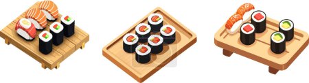 Dieses Bild zeigt eine Vielzahl von Sushi-Rollen, die wunderschön auf hölzernen Platten angeordnet sind und die Kunstfertigkeit und Vielfalt der japanischen Küche unterstreichen. Perfekt für kulinarische Projekte, Restaurant-Promotions und Food-Blogs.