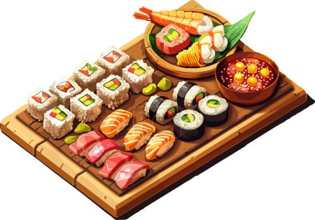 This image features a variety of sushi rolls beautifully arranged on wooden platters, highlighting the artistry and diversity of Japanese cuisine. Perfect for culinary projects, restaurant promotions, and food blogs.