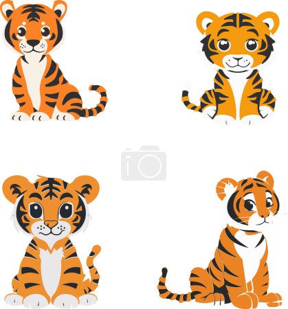 Dieses Bild zeigt vier charmante Baby-Tiger, die jeweils mit leuchtend orangefarbenem Fell und ausgeprägten schwarzen Streifen dargestellt sind. Sie werden in verschiedenen Posen gezeigt, was ihre spielerische und liebenswerte Natur unterstreicht. Perfekt für Kinderbücher, Unterrichtsmaterialien,