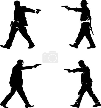 Vier Silhouetten von Männern mit Gewehren. Die Männer gehen und stehen sich gegenüber. Szene ist angespannt und ernst