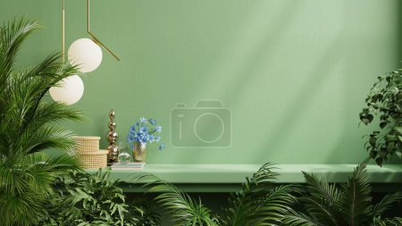 Foto de Interior wall with green plant green wall shelf3d rendering - Imagen libre de derechos